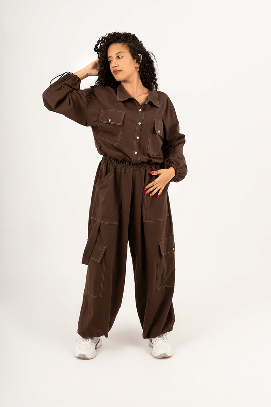 Utility jumpsuit– Button-Up Edition ( cocoa color)